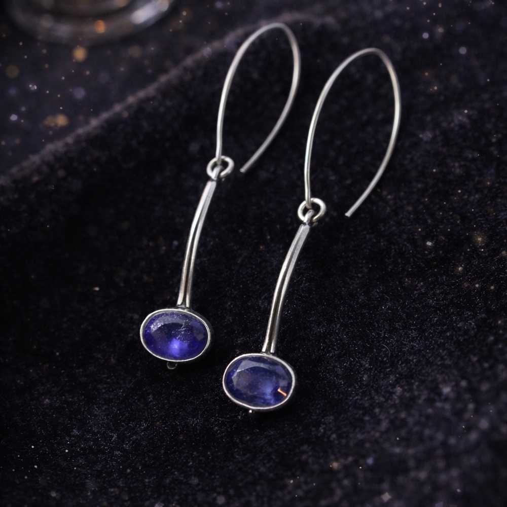 Sterling Silver Iolite Drop Earrings 1.75” | Minimalist Gemstone Dangles
